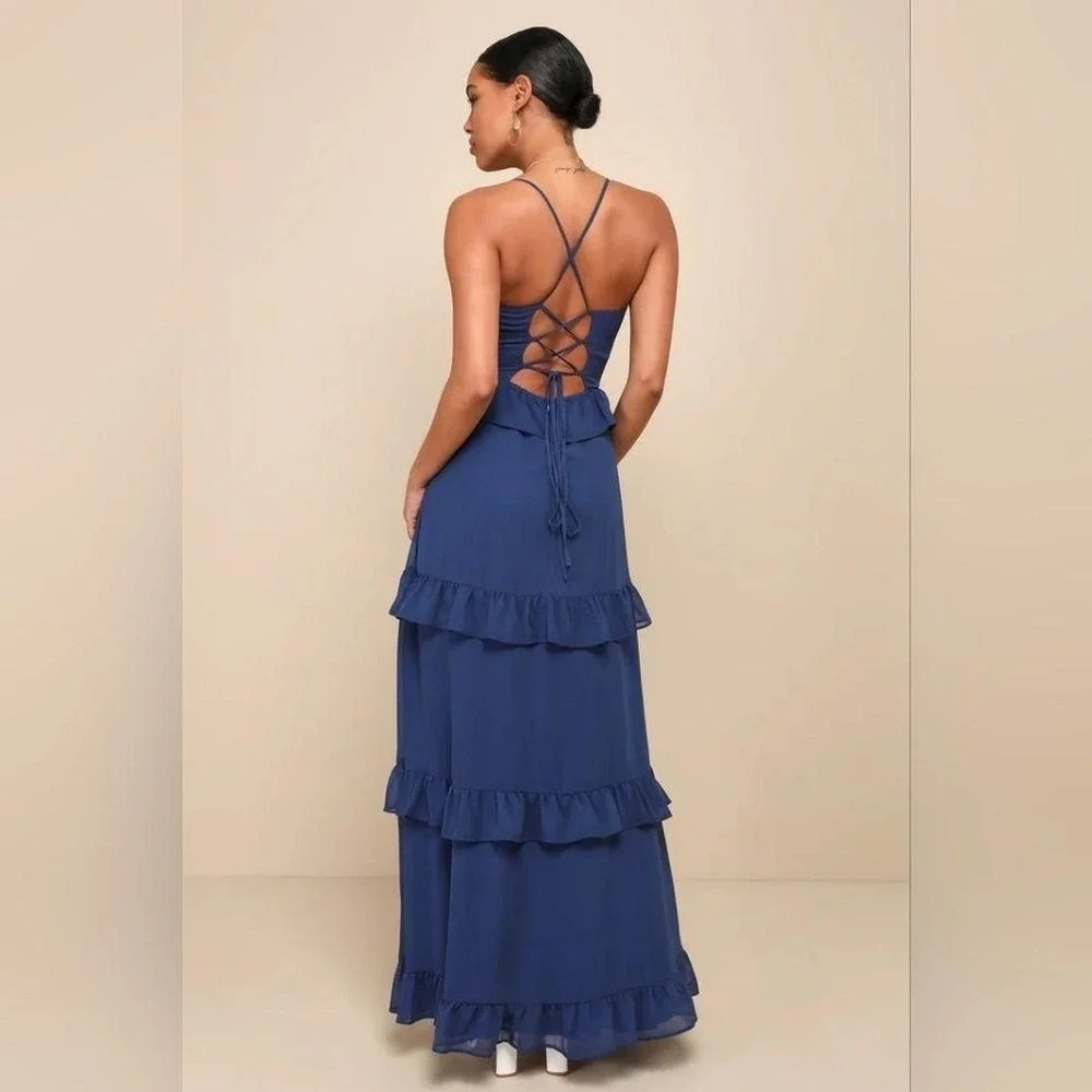 Lulus Captivating Class Lace Up Cross Back Tiered Ruffle Maxi Dress Womens XL